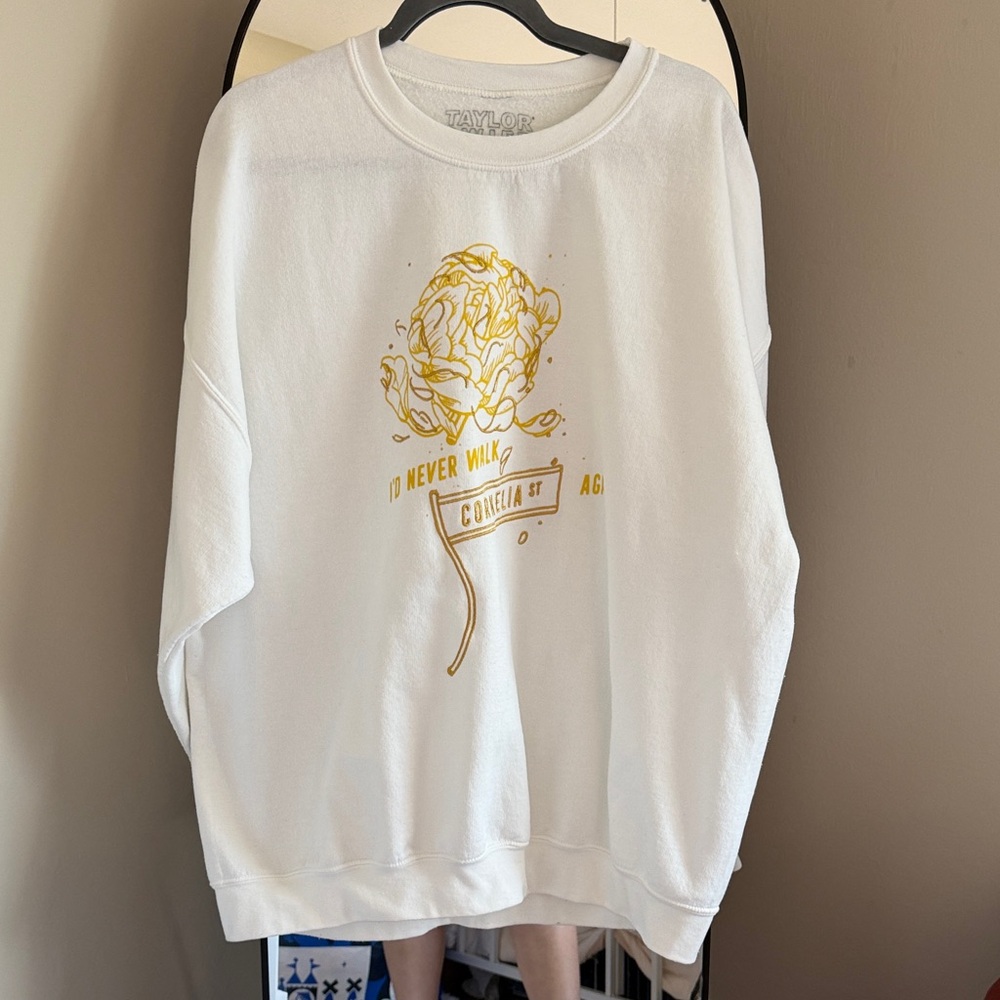 Taylor White Lover Cornelia Street Sweatshirt with Metallic Gold Floral Emblem